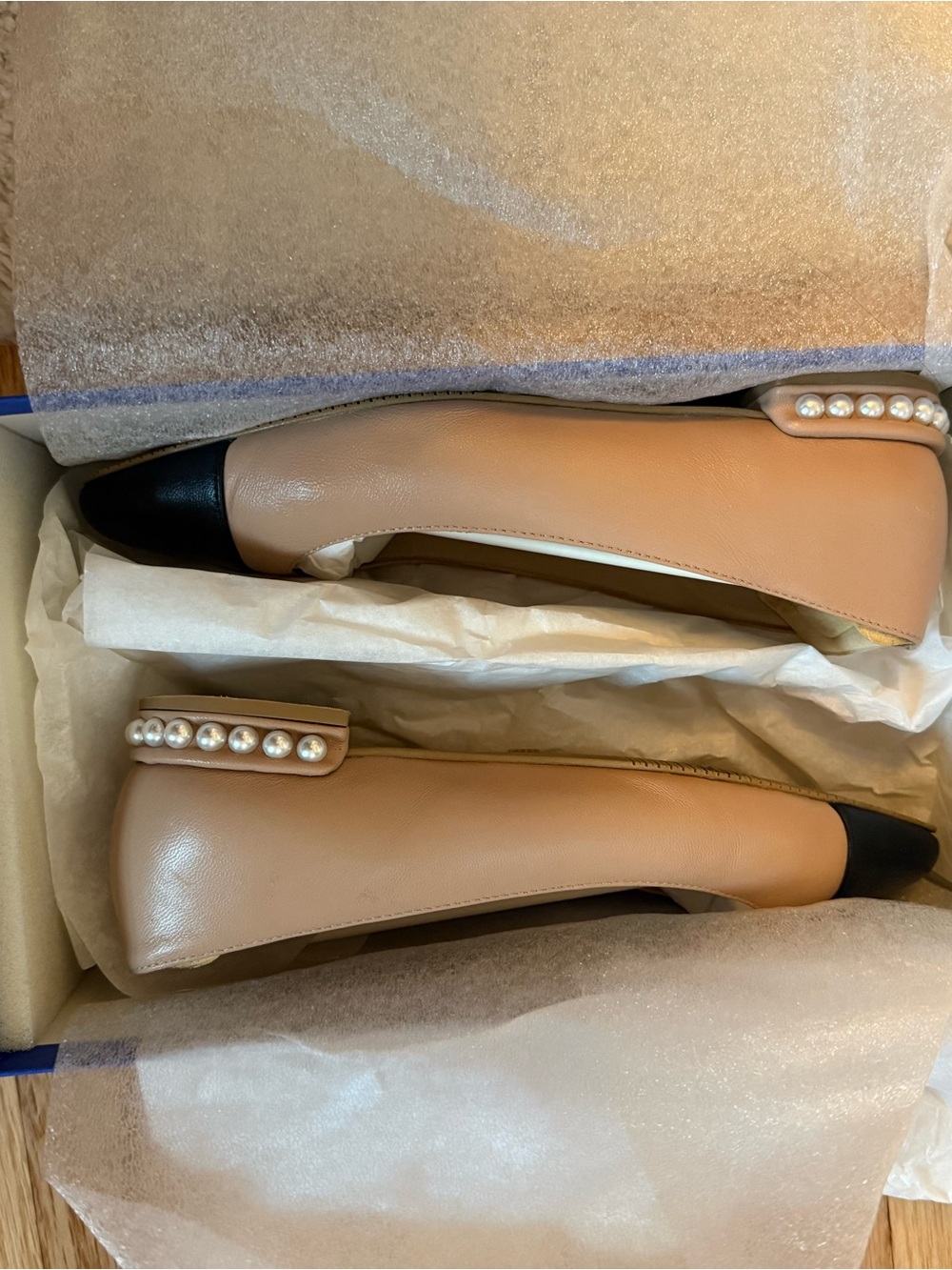 Stuart Weitzman Two-Tone Tan and Black Pearl-Trim Ballet Flats